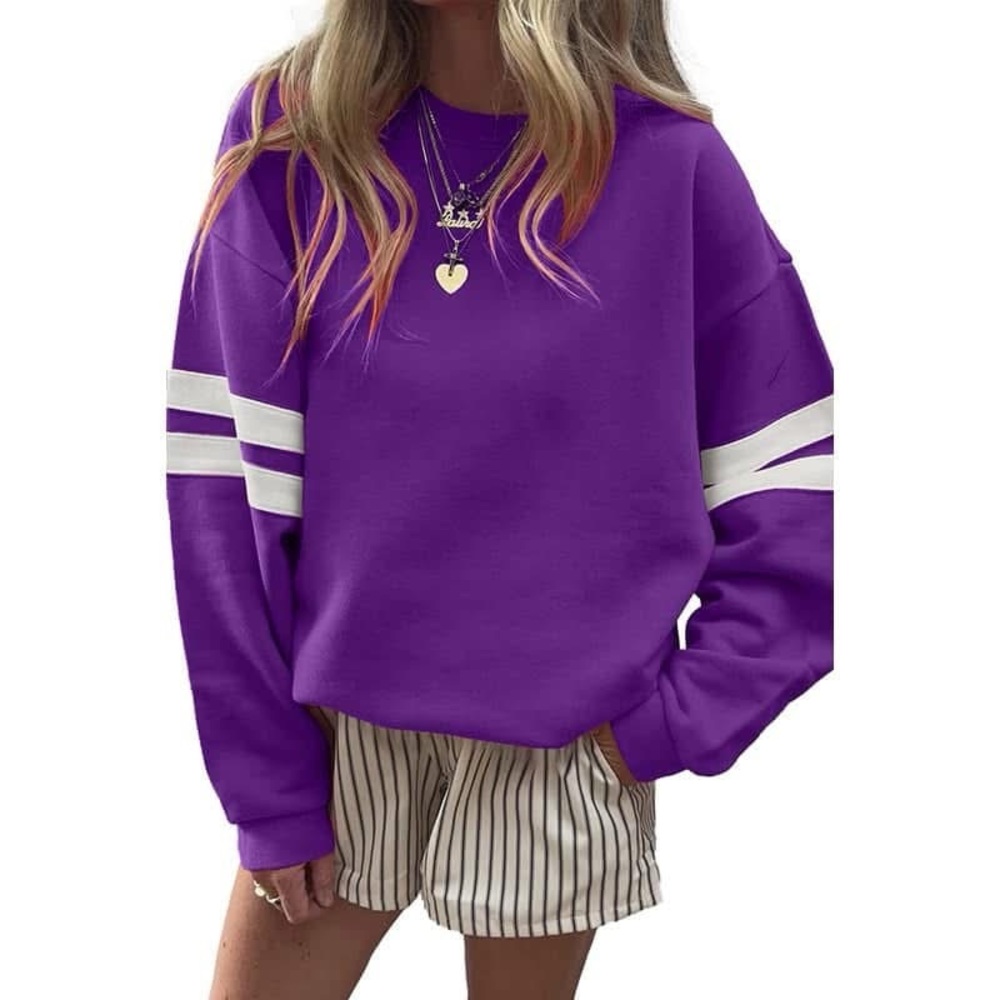 Purple Women’s Crewneck Sweatshirt with White Stripes